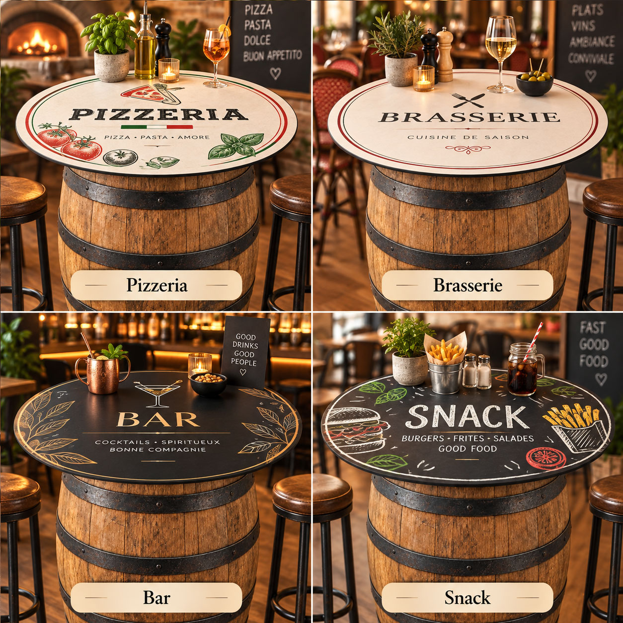 Quatre ambiances de plateaux personnalisés : pizzeria, brasserie, bar et snack