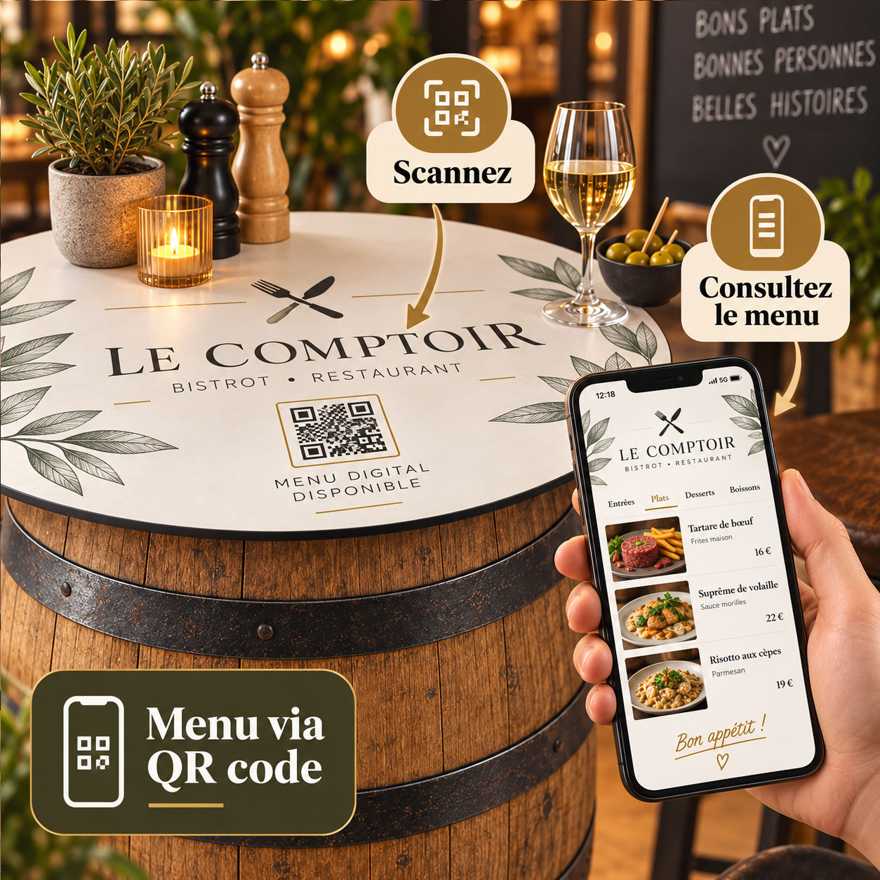 Consultation du menu sur smartphone après le scan du QR code imprimé sur le plateau